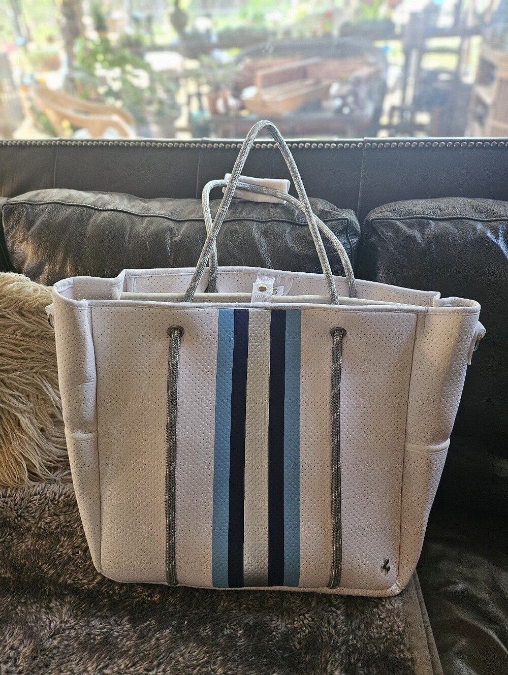 Brook Branch Neoprene White Tote Bag Blue Silver Stripe Accents Pickle Ball